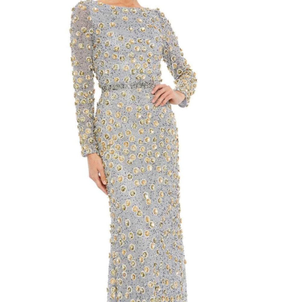 Mac Duggal - Silver Embellished Long Sleeve High Neck Gown - Platinum Gold / US - Picture 4 of 6